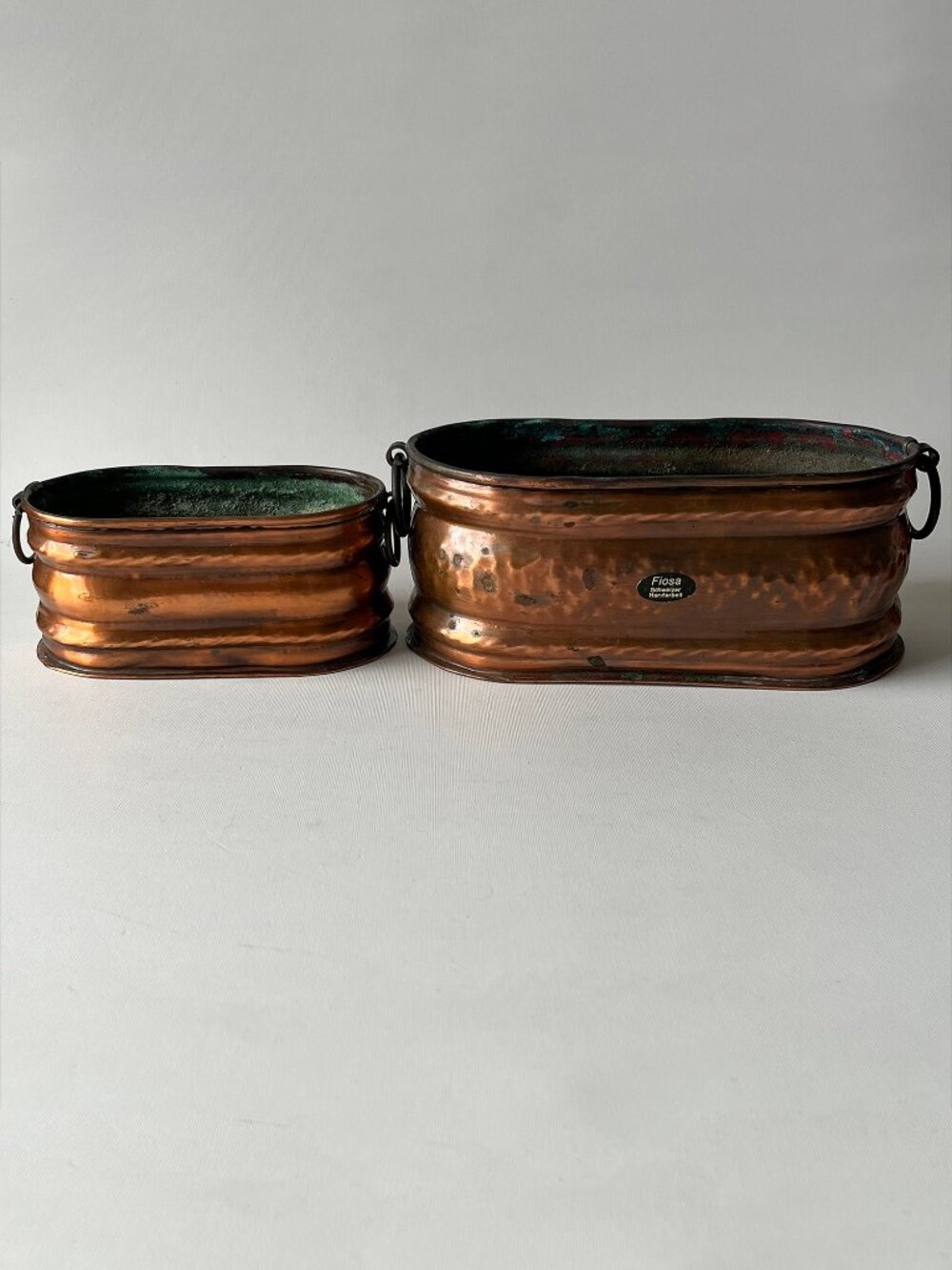 Set of 2 Vintage Fiosa Swiss Copper Planter Hand Hammered Oval Pots (8" & 5.5")